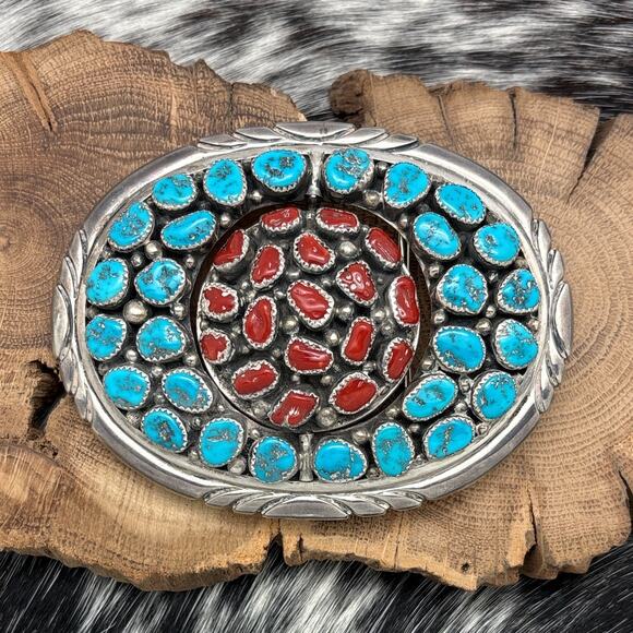 Native American Accessories - 1970s Native American NAVAJO Sterling Turquoise Coral Cluster Belt Buckle Spins